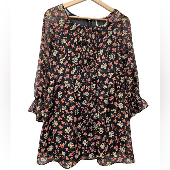 Free People Doll Pants Black Textured Chiffon Floral print, Tunic/Mini dress, 4 - Picture 2 of 7